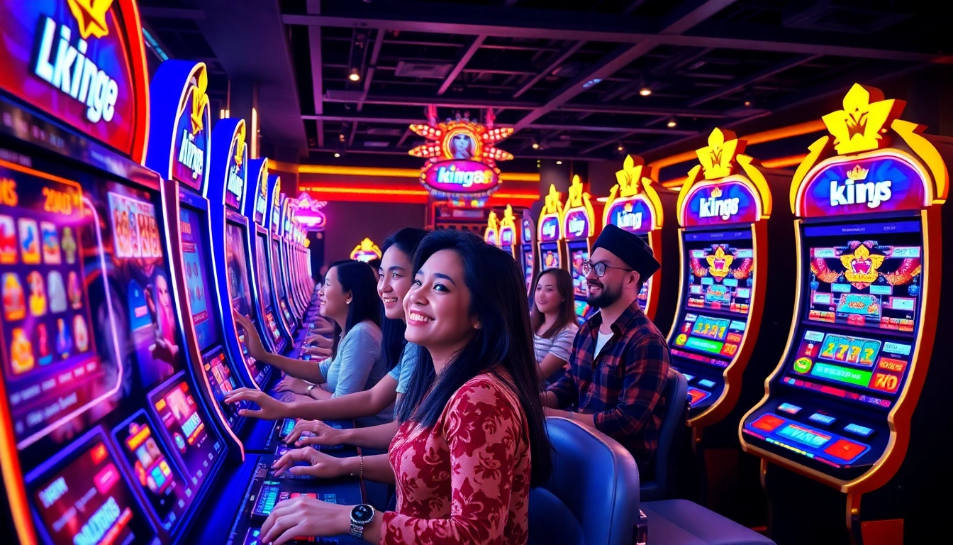Dynamic online casino scene featuring king88 slot machines and players enjoying the excitement.