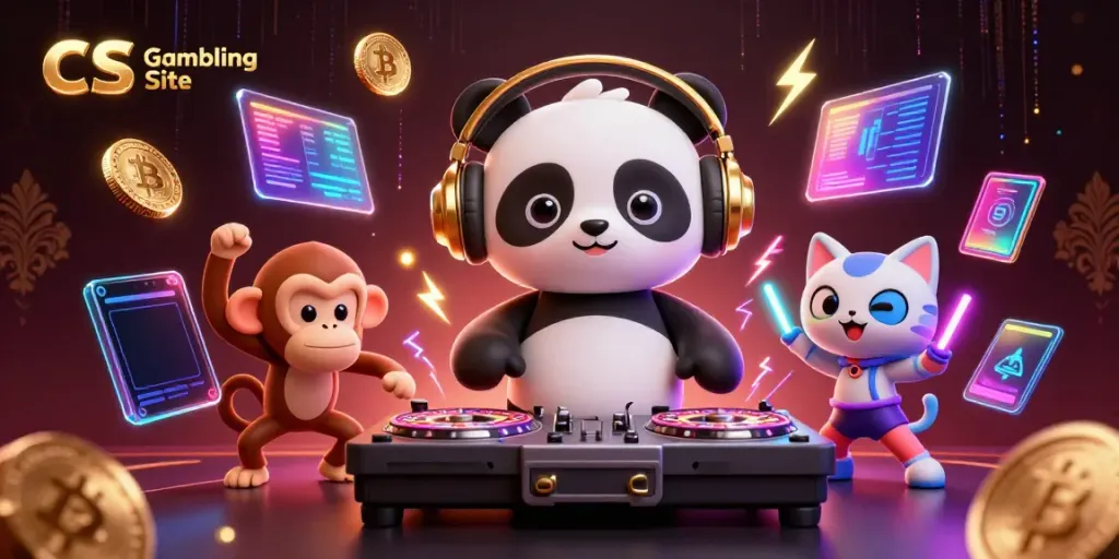A vibrant CS Gambling Site scene featuring a DJ panda and breakdancing monkey amidst glowing crypto coins and casino elements.