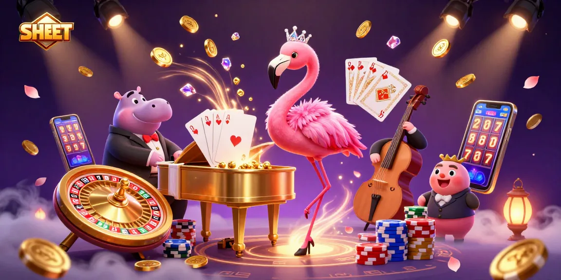 Engaging illustration of SH BET with a flamingo singer and hippo bassist amidst vibrant gaming elements.