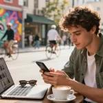 Engaging urban lifestyle scene with NSFW content discussions at a café.