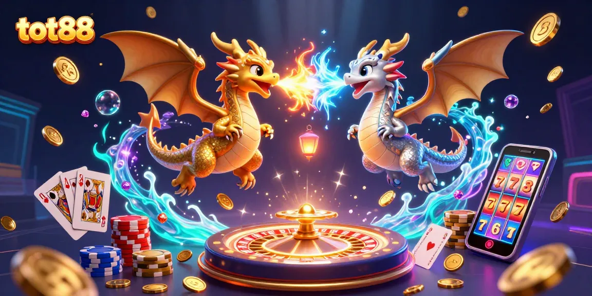 Engage with tot88's thrilling casino adventures featuring gold and silver dragons amidst vibrant gaming elements.