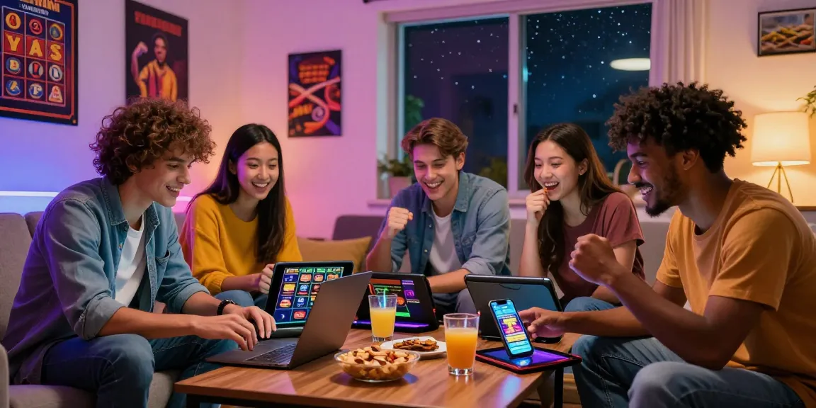 Group of friends enjoying a game night exploring new online casinos UK at home, surrounded by snacks and vibrant decor.