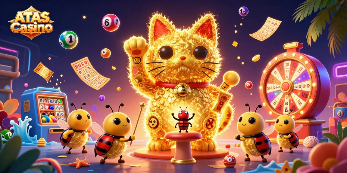 Experience the excitement of ATAS Casino with a vibrant 3D scene of lucky symbols and gaming elements.