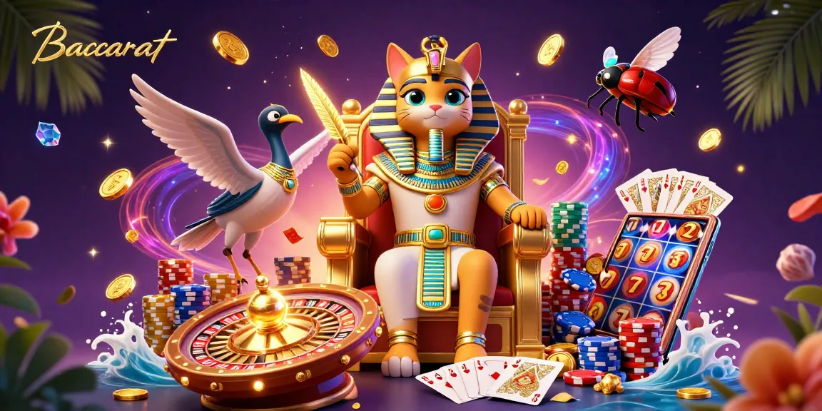 Baccarat gameplay with a rich scene featuring Egyptian pharaoh cat, coins, and roulette elements.