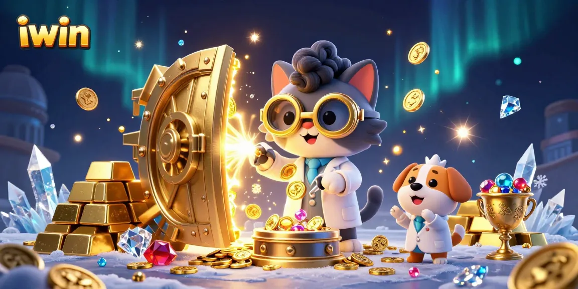Engage with iwin's vibrant casino world featuring a mad scientist cat and assistant amidst golden treasures.