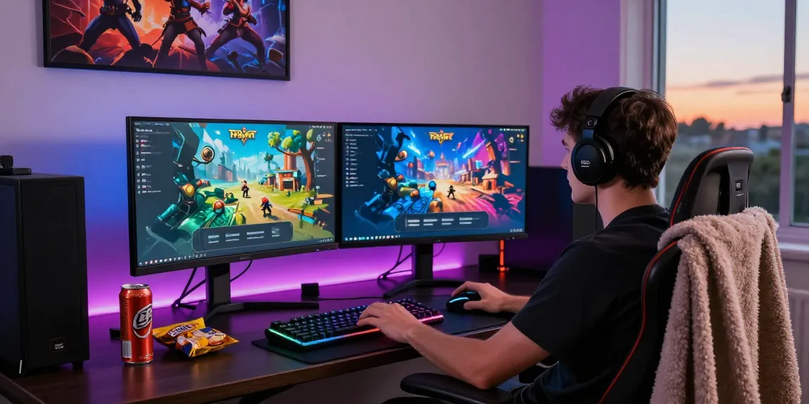 Raja Game login scene with gamer at dual monitors in vibrant gaming setup