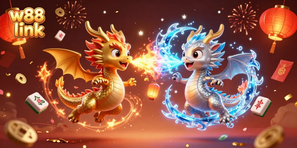 Win big with the w88 link, showcasing dynamic dragons amidst casino elements.
