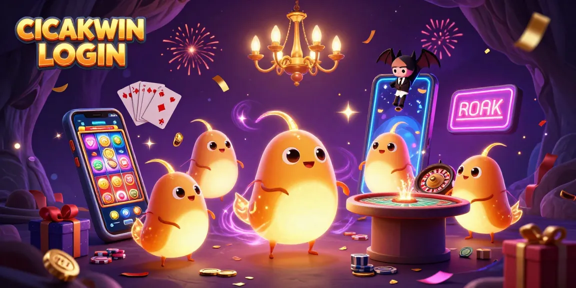 CICAKWIN LOGIN illuminates the casino scene with glowworms and a bat dealer in a vibrant 3D illustration.
