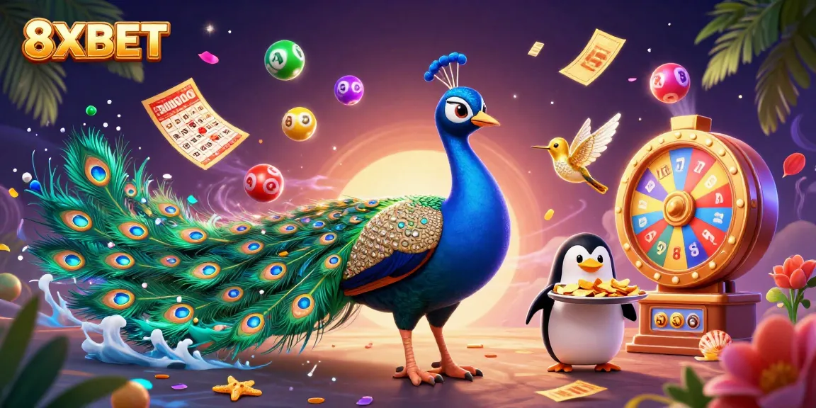 Experience the dazzling excitement of 8XBET with colorful lottery balls and a grand casino scene.
