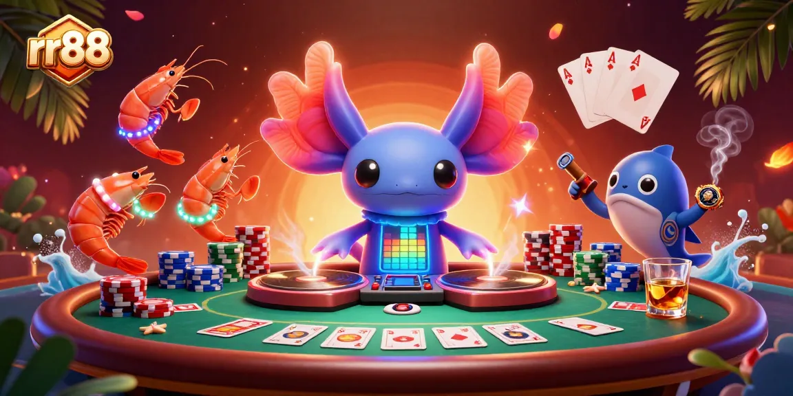 Engage with rr88's vibrant casino scene featuring an axolotl DJ, poker chips, and lively ocean elements.