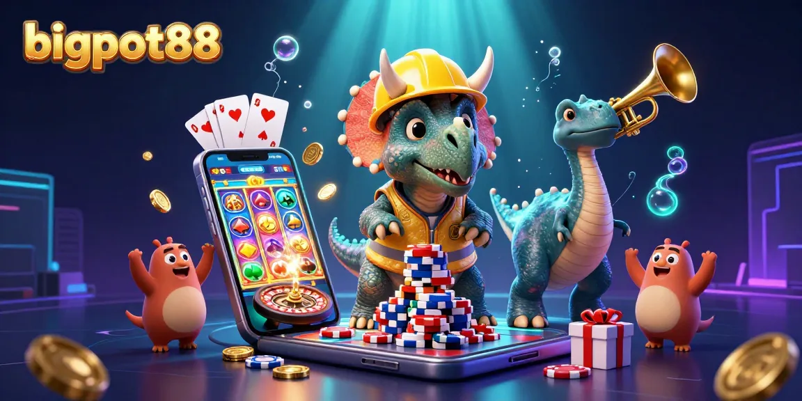 Bigpot88 presents an exciting scene with cartoon dinosaurs celebrating a casino theme.