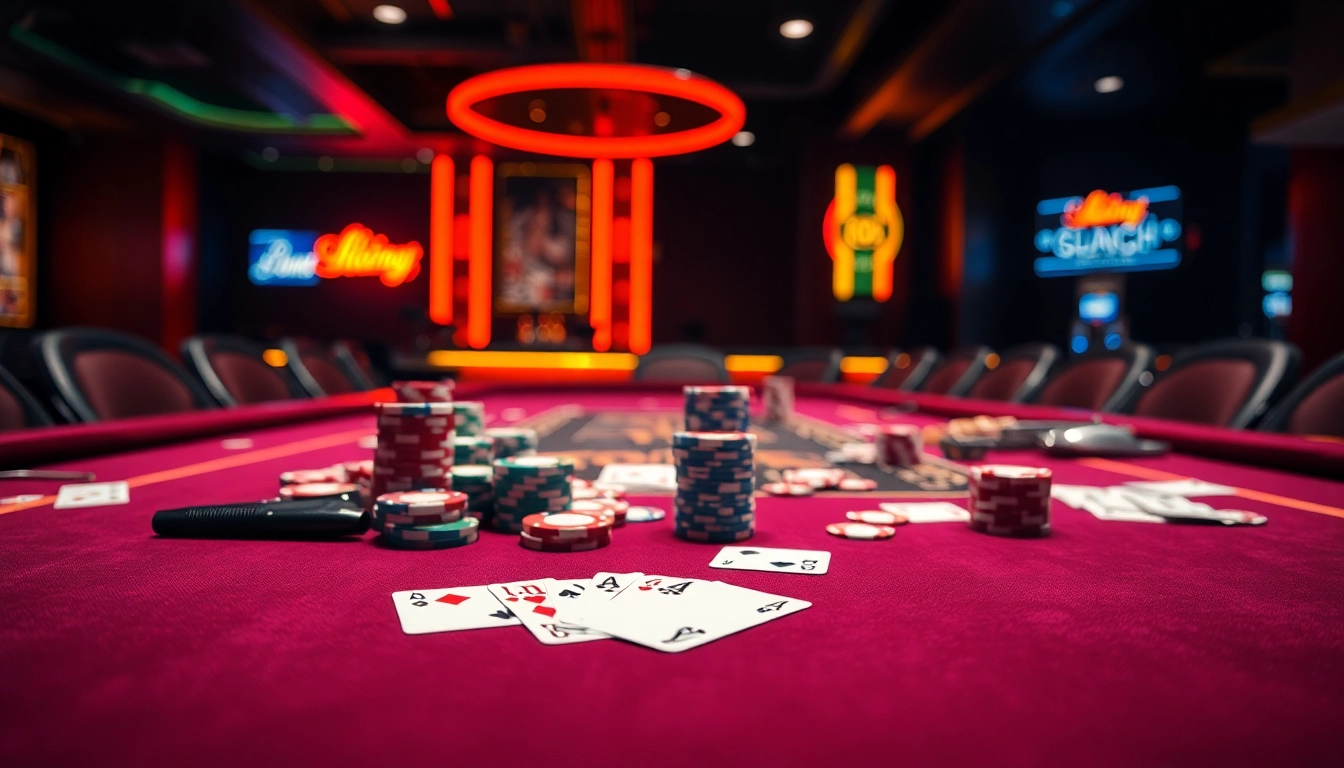 Situs toto menampilkan meja poker yang menarik dengan chip berwarna cerah dan kartu, menghadirkan suasana kasino yang hidup.