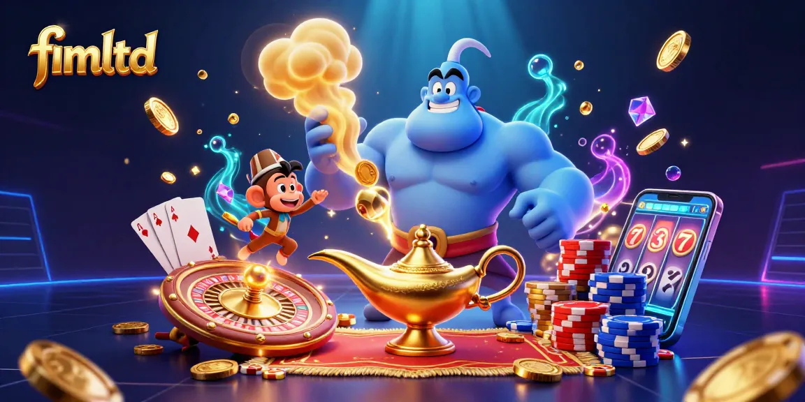 Play and win with fimltd at a vibrant casino featuring a magical genie, poker chips, and a roulette wheel.